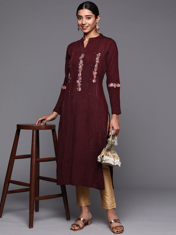 Maroon Embroidered Wool Straight Kurta - ShopLibas