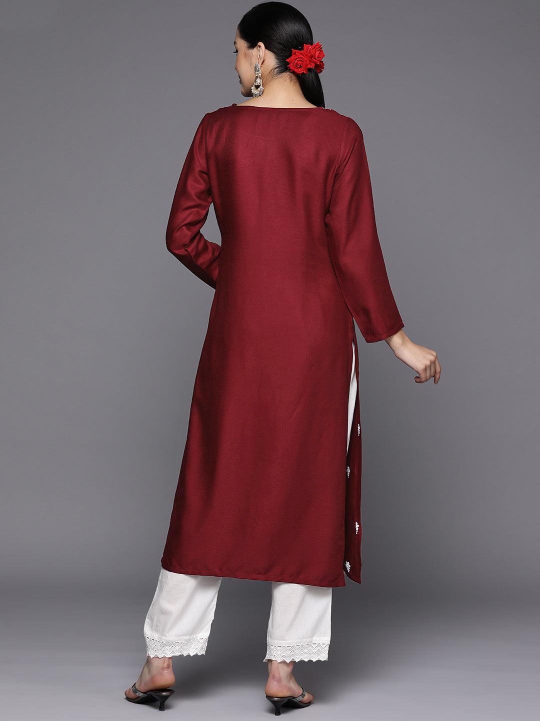 Maroon Embroidered Wool Straight Kurta