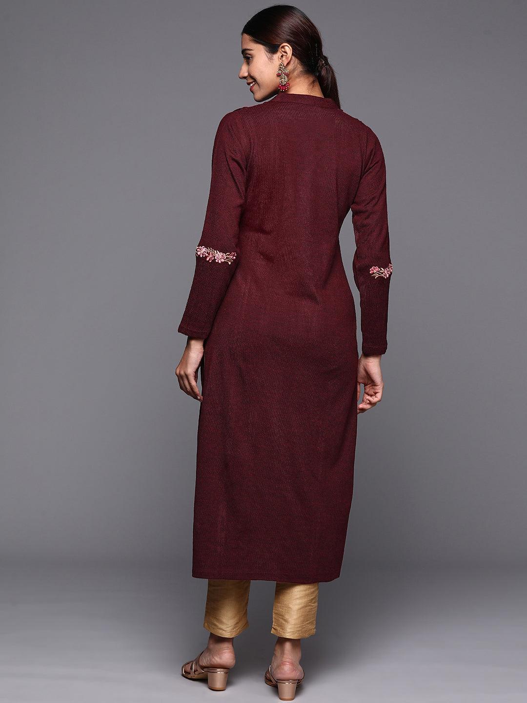 Maroon Embroidered Wool Straight Kurta