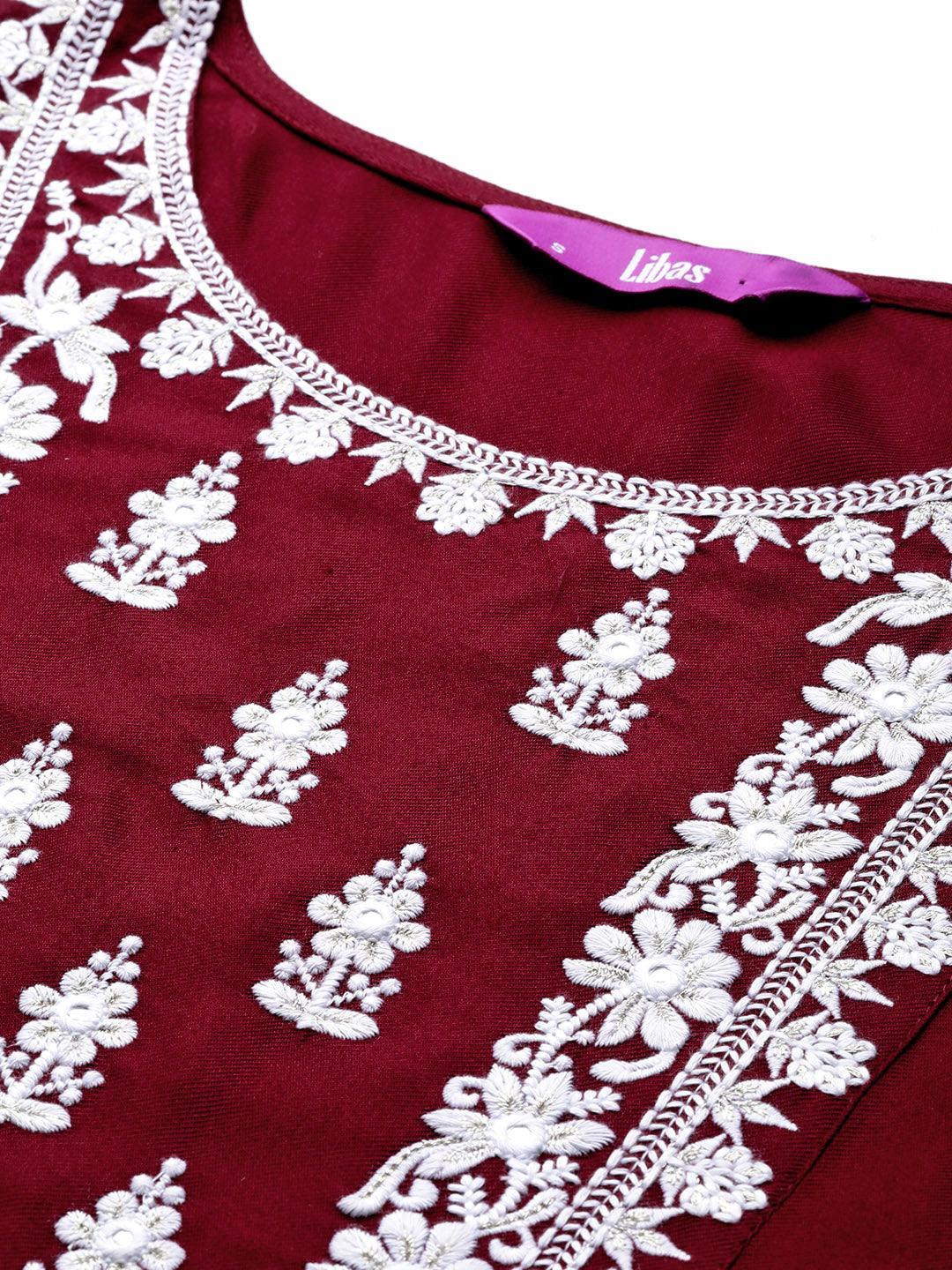 Maroon Embroidered Wool Straight Kurta