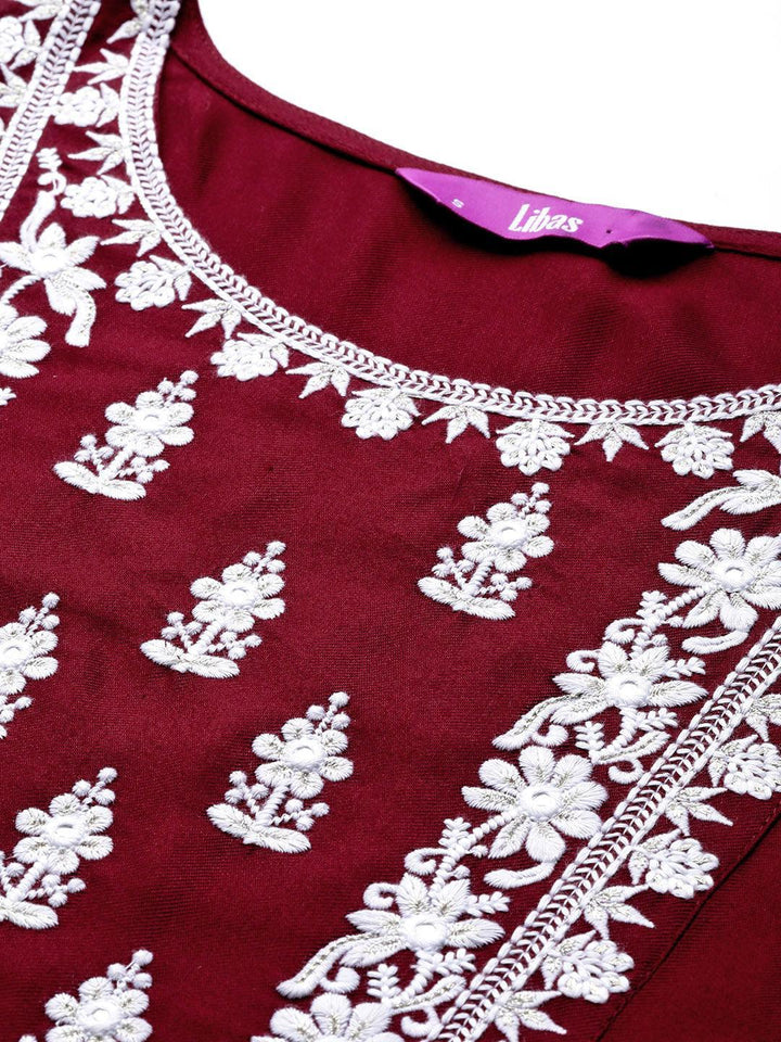 Maroon Embroidered Wool Straight Kurta - ShopLibas