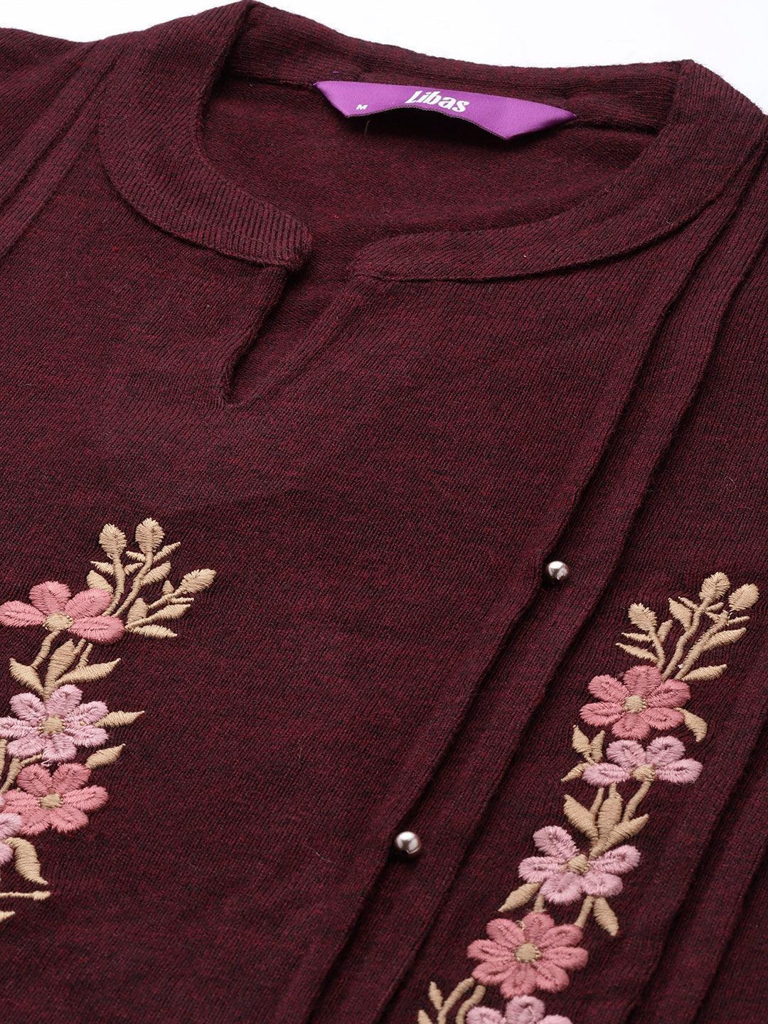 Maroon Embroidered Wool Straight Kurta