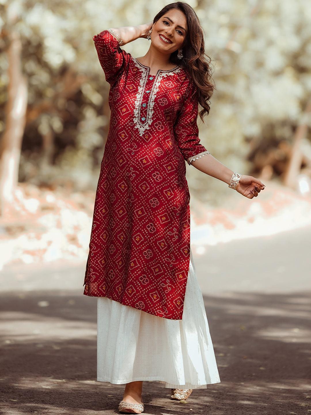 Maroon Printed Chanderi Silk Kurta