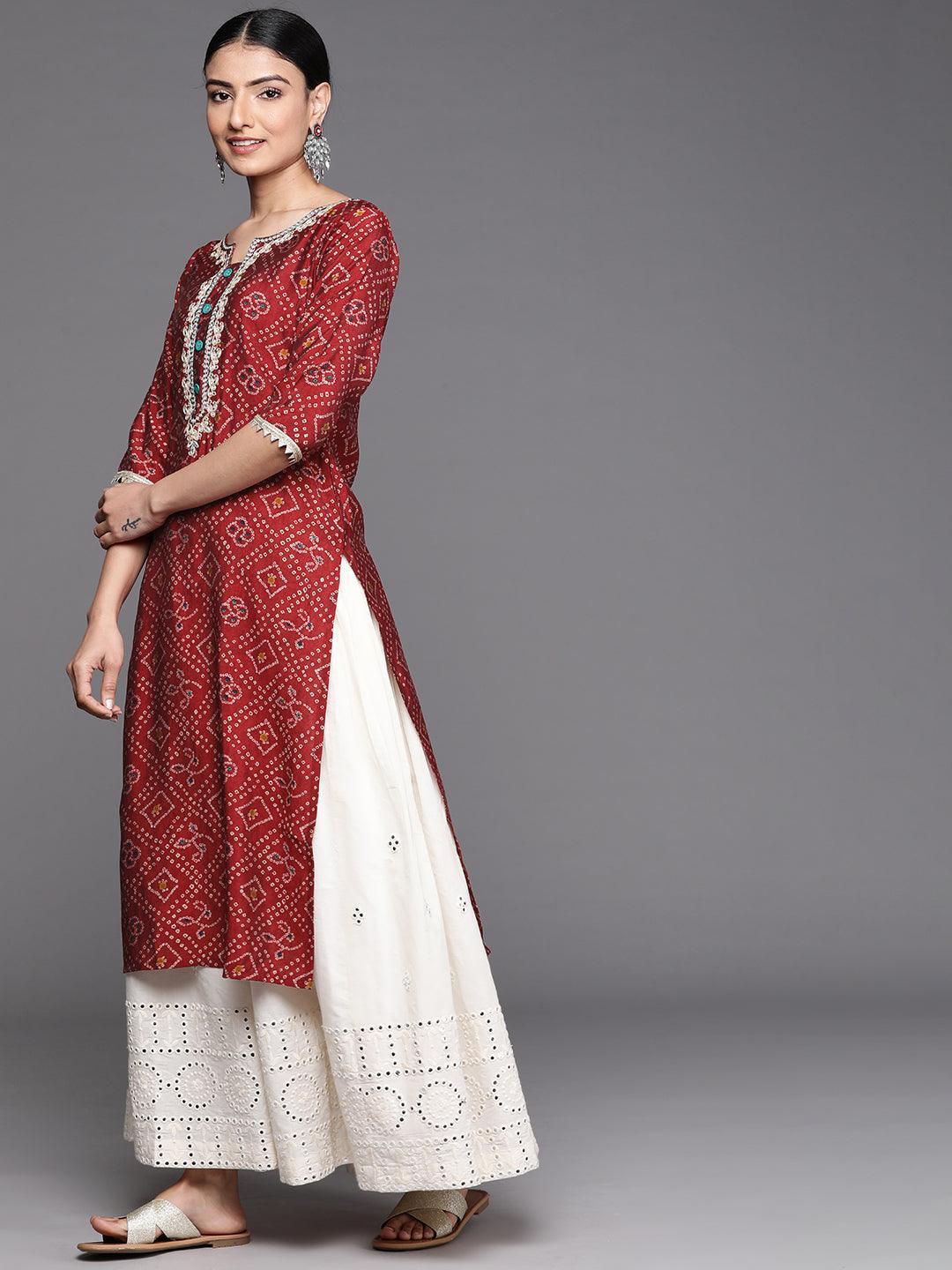 Maroon Printed Chanderi Silk Kurta