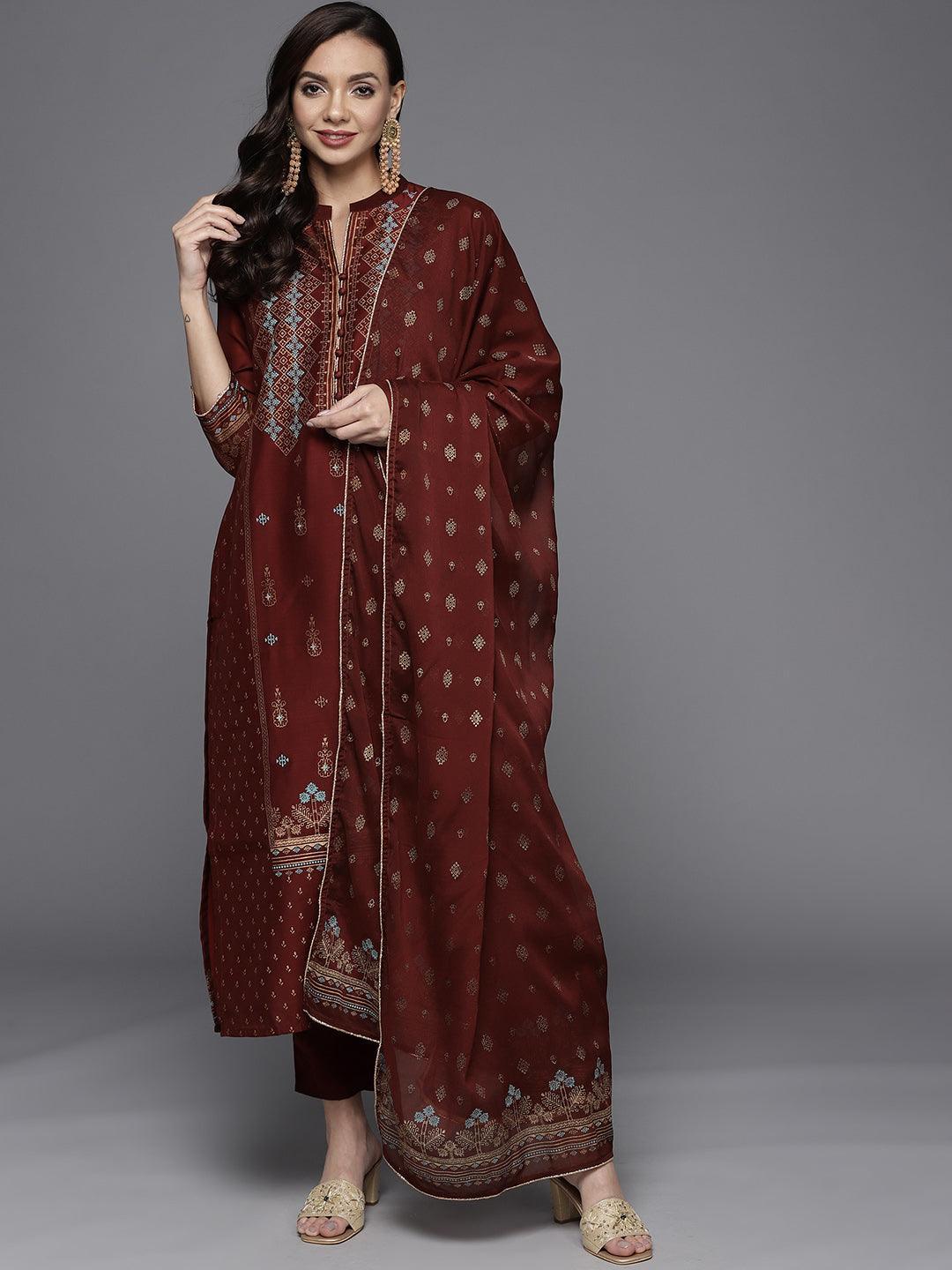 Maroon Printed Chanderi Silk Suit Set - ShopLibas