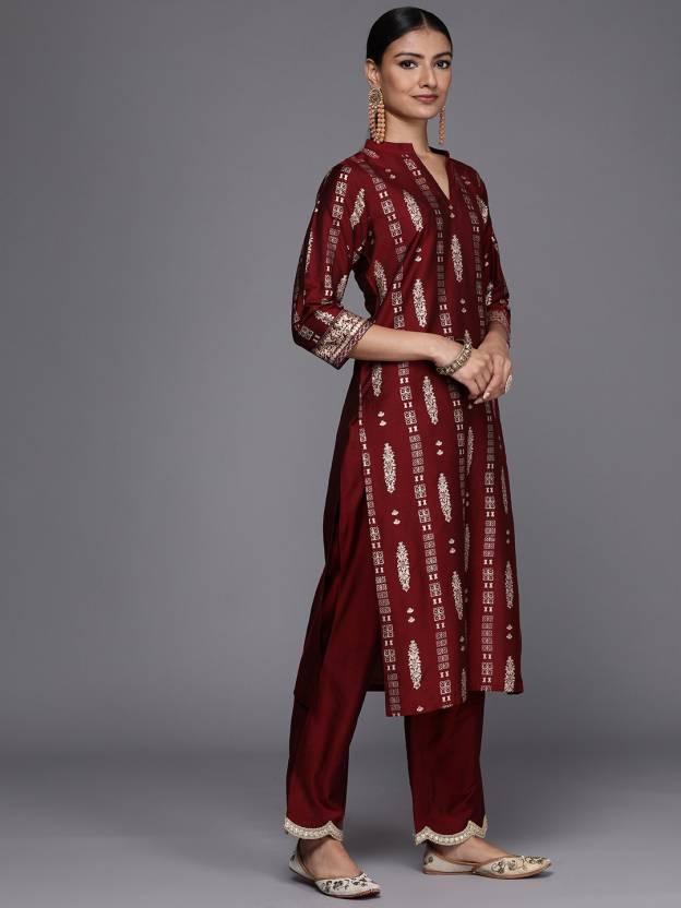 Maroon Printed Chanderi Silk Straight Suit Set