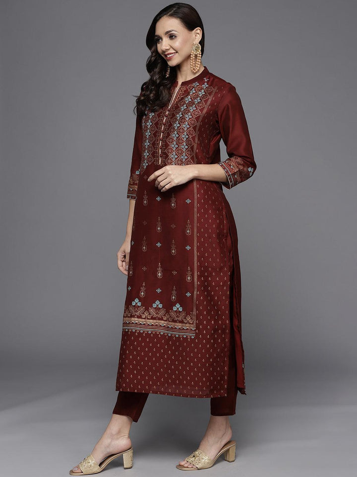 Maroon Printed Chanderi Silk Suit Set - ShopLibas