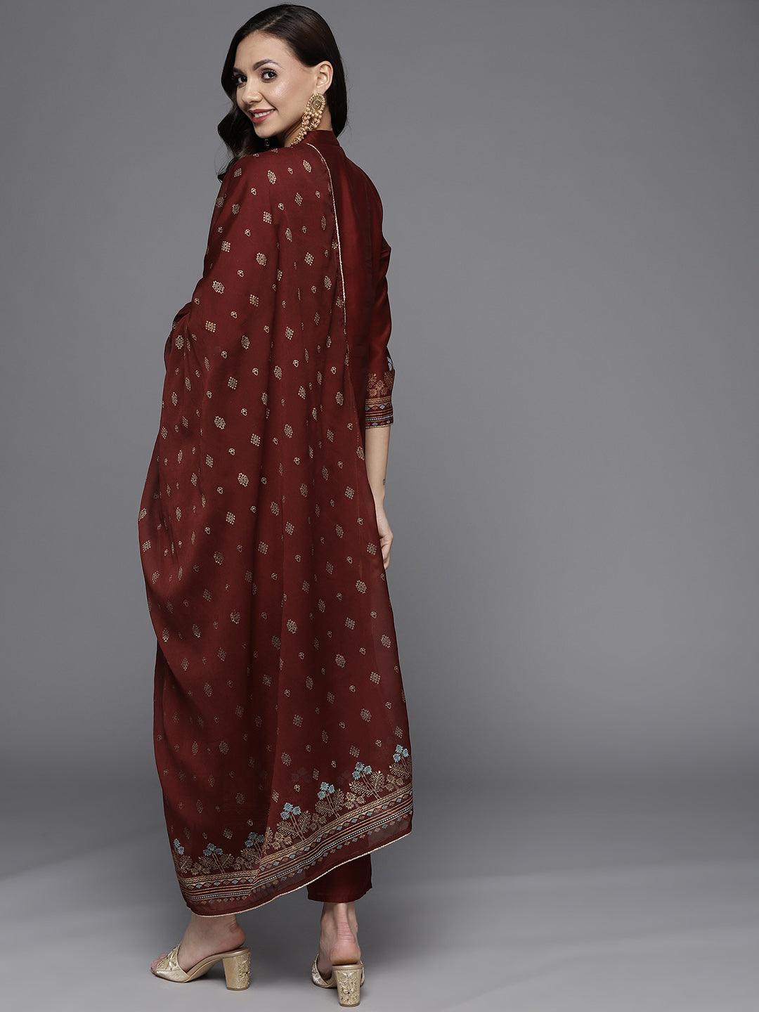 Maroon Printed Chanderi Silk Suit Set