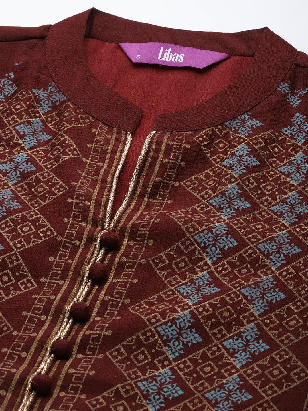 Maroon Printed Chanderi Silk Suit Set