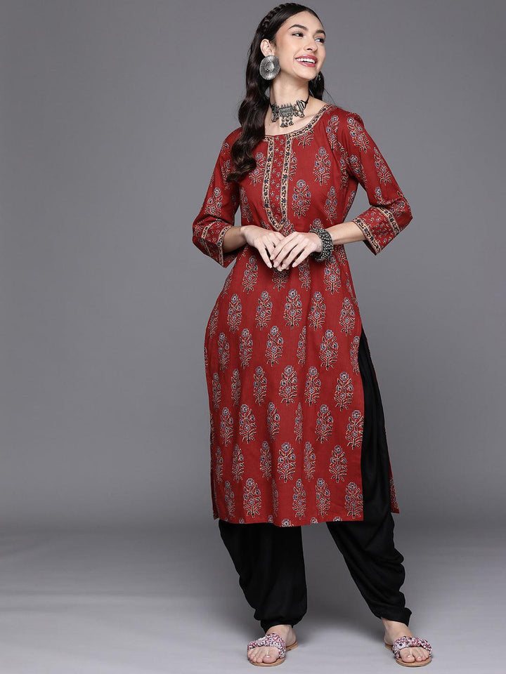 Maroon Printed Cotton Kurta - Libas