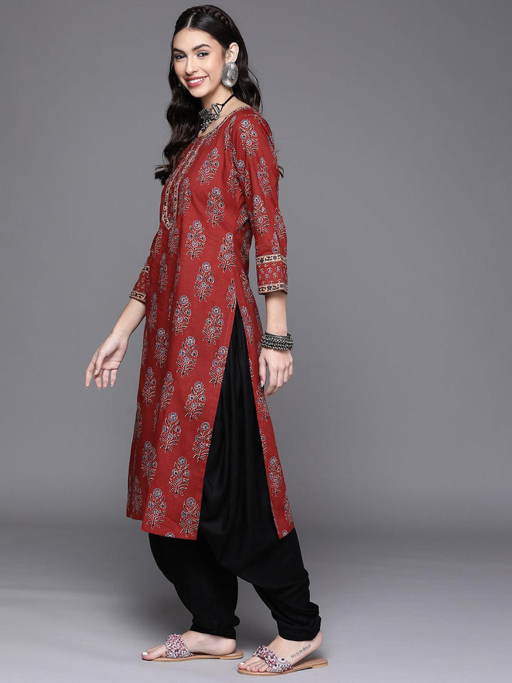 Maroon Printed Cotton Kurta - Libas