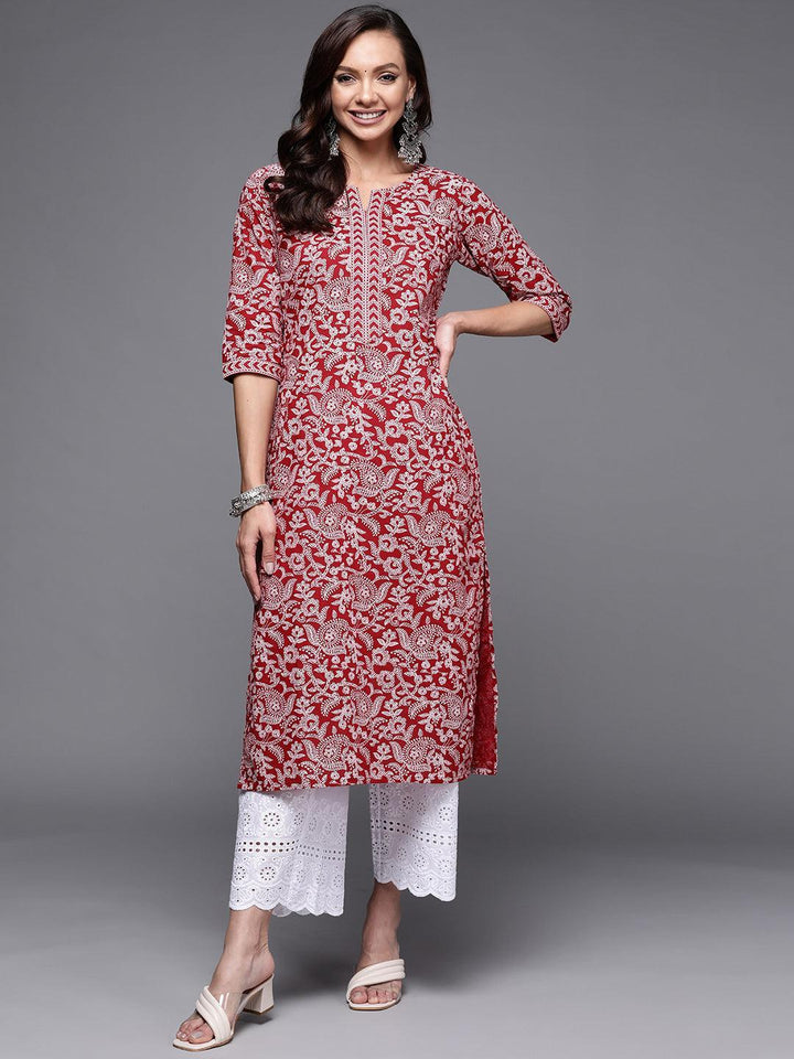 Maroon Printed Cotton Straight Kurta - ShopLibas