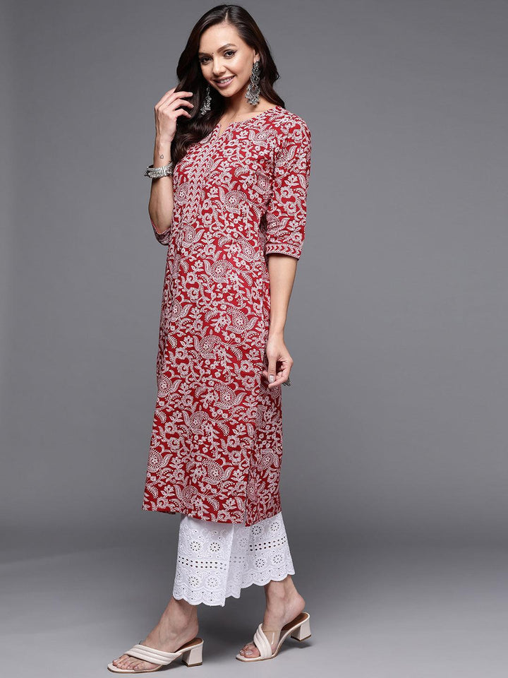 Maroon Printed Cotton Straight Kurta - ShopLibas