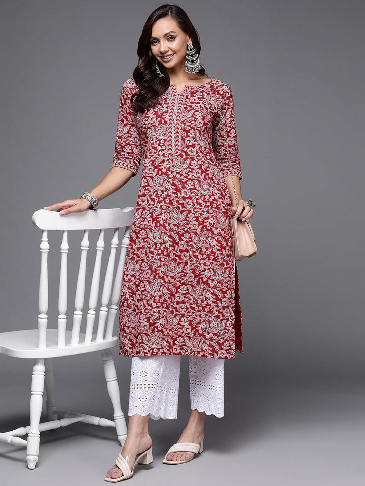 Maroon Printed Cotton Straight Kurta - ShopLibas