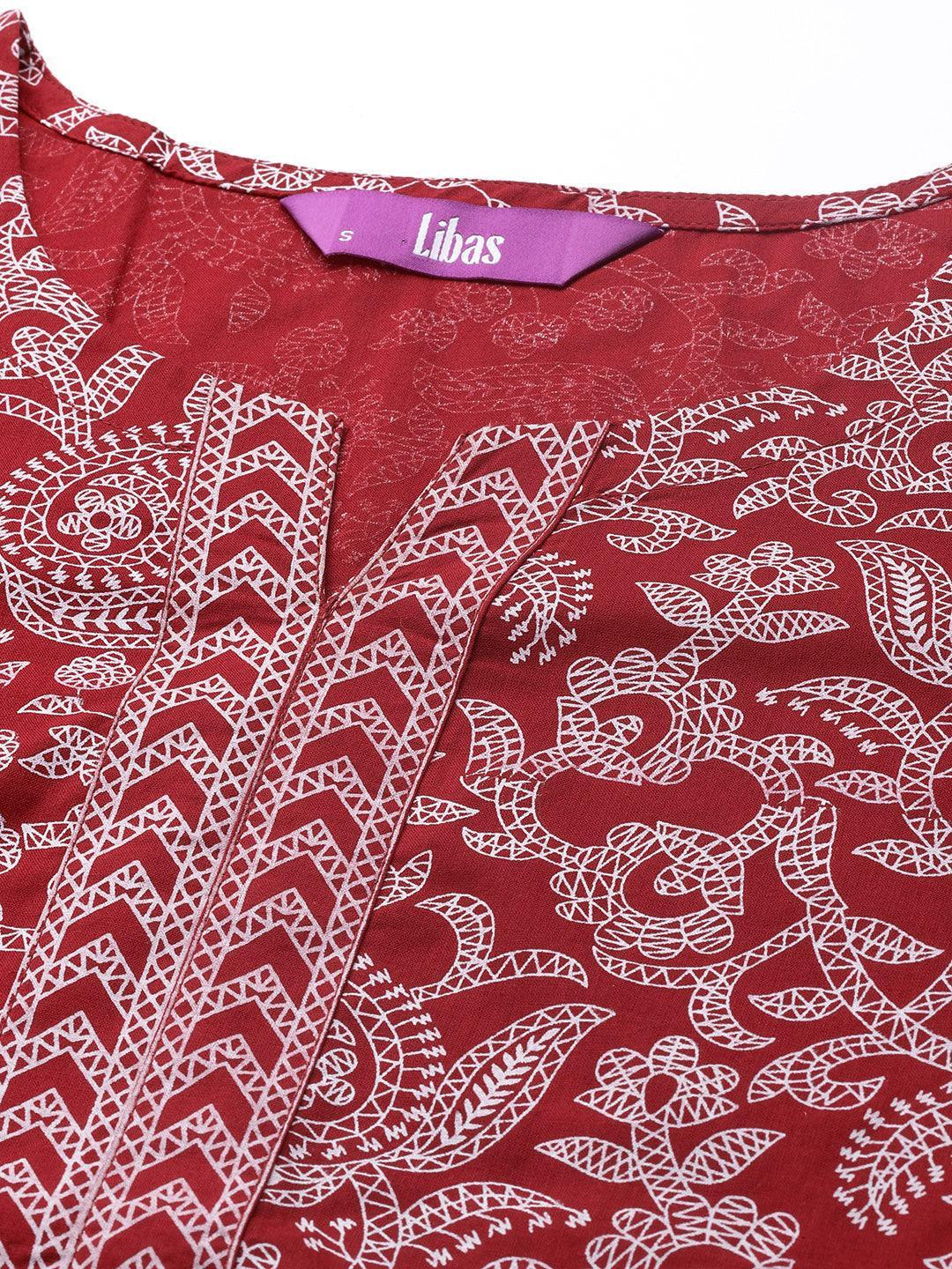 Maroon Printed Cotton Straight Kurta - ShopLibas