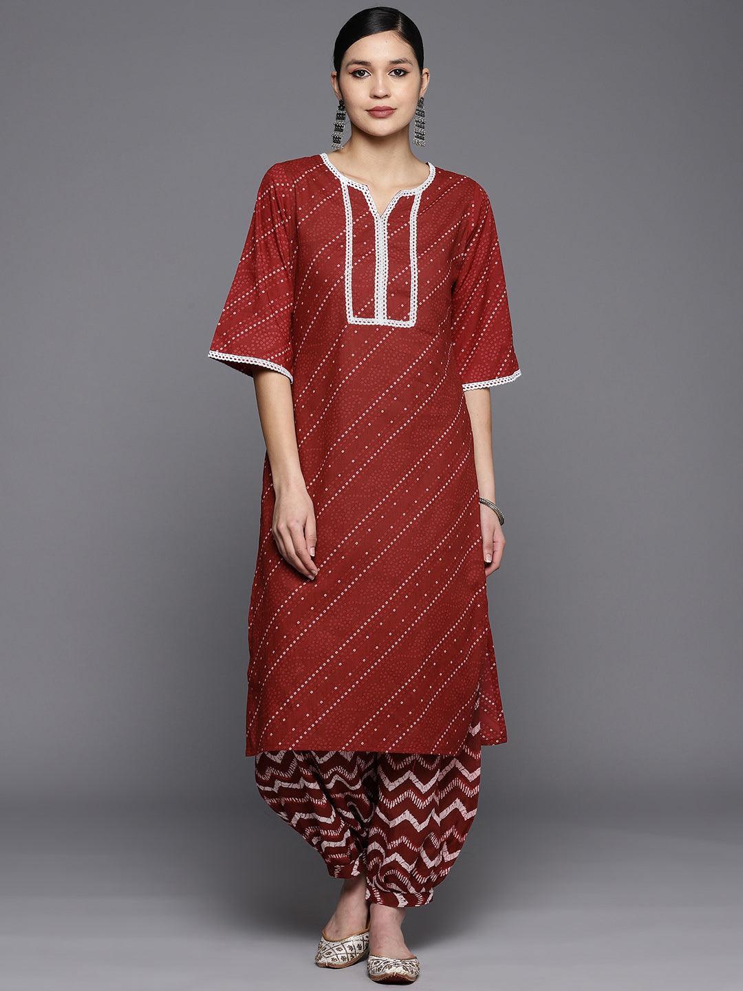 Maroon Printed Cotton Straight Kurta Set With Salwar