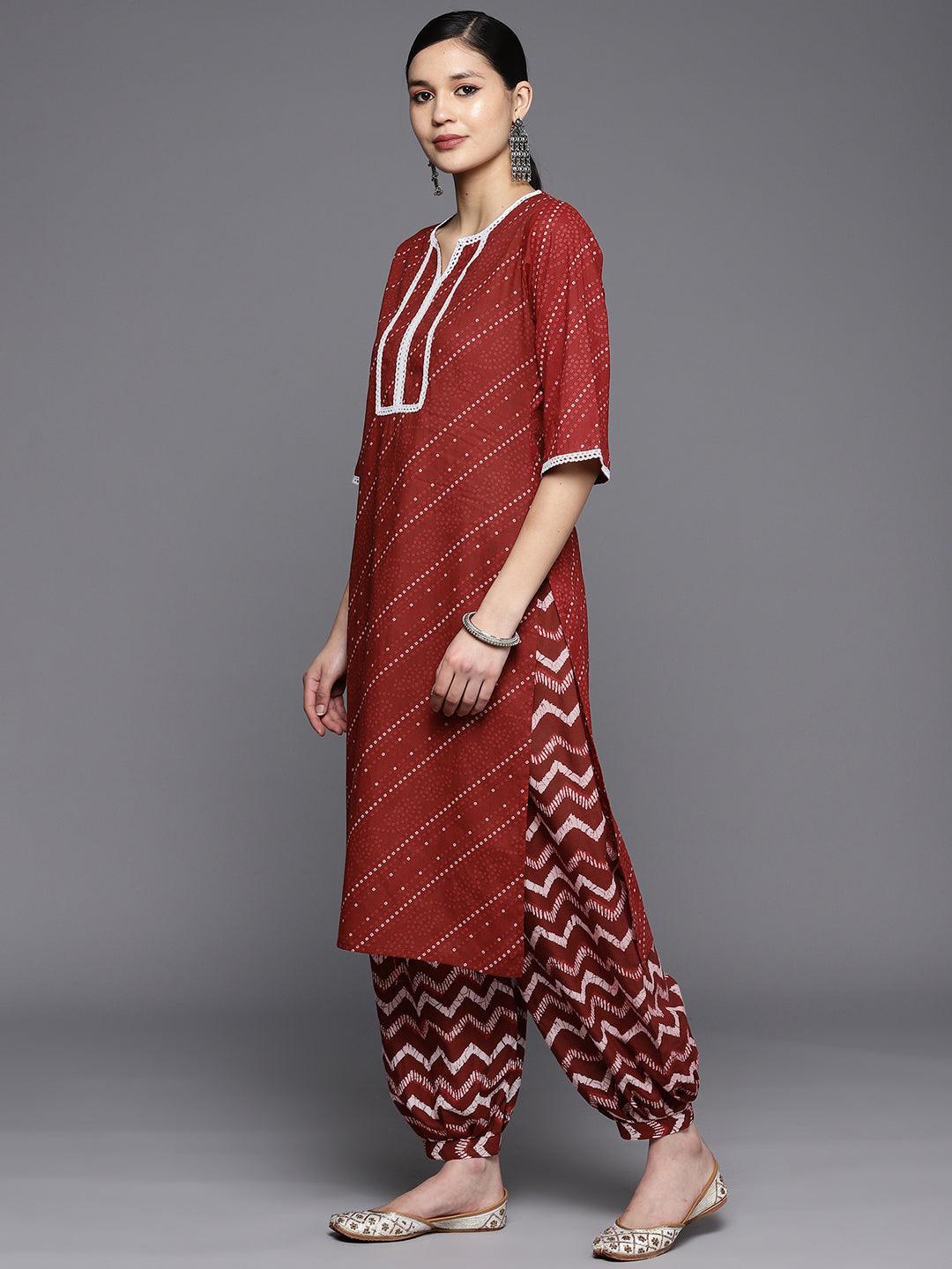 Maroon Printed Cotton Straight Kurta Set With Salwar