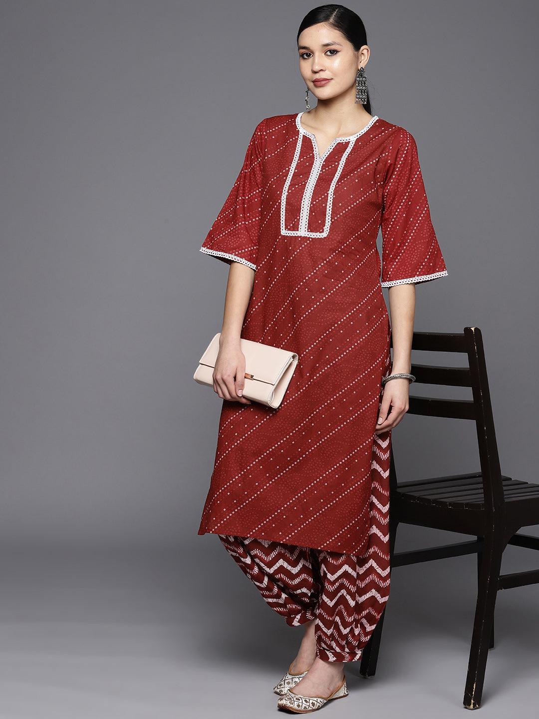 Maroon Printed Cotton Straight Kurta Set With Salwar