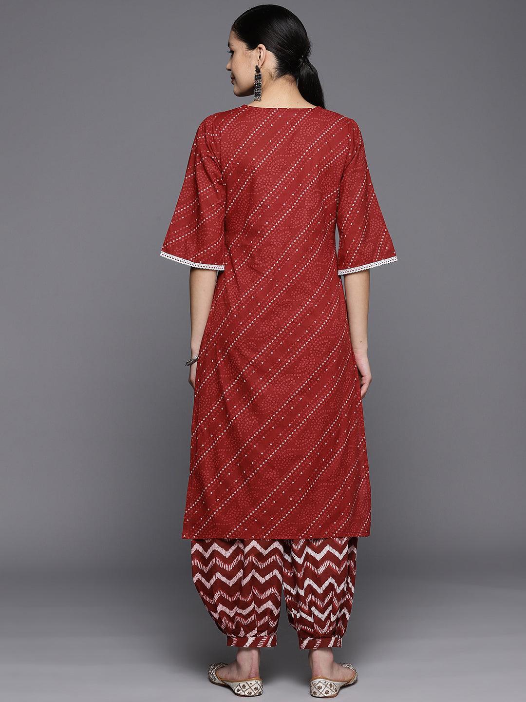 Maroon Printed Cotton Straight Kurta Set With Salwar