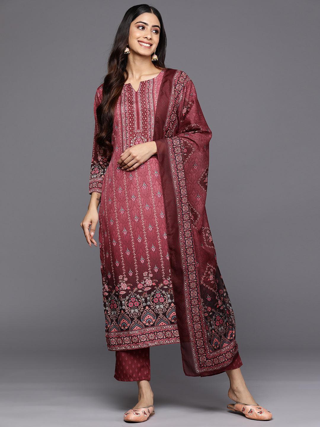 Maroon Printed Crepe Straight Suit Set With Trousers