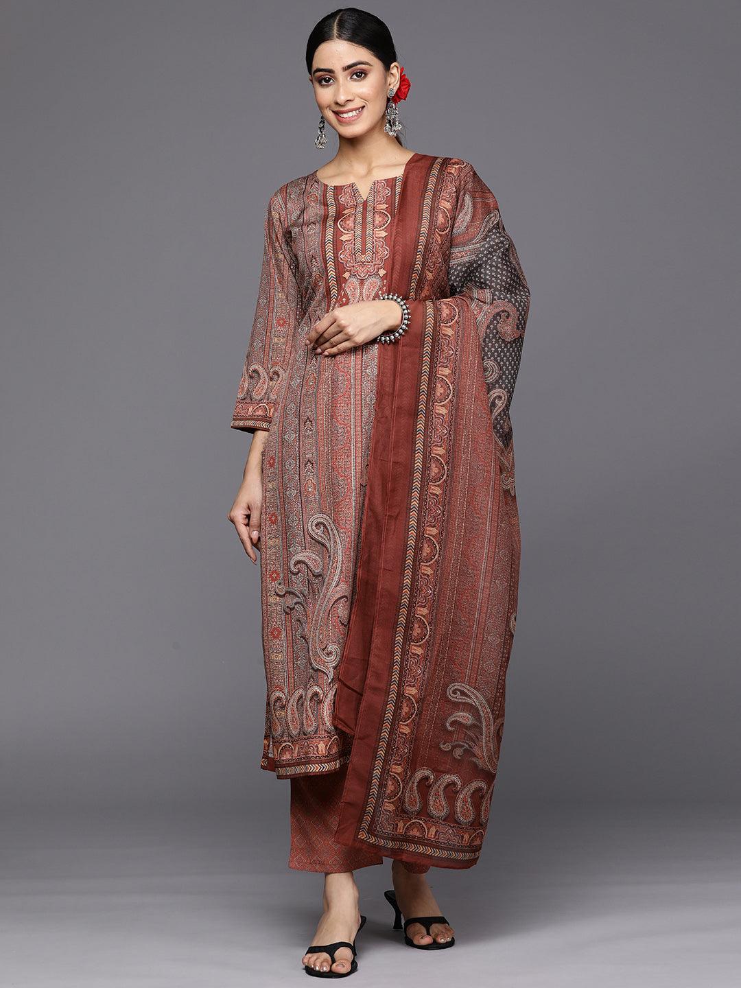 Maroon Printed Crepe Straight Suit Set With Trousers - ShopLibas