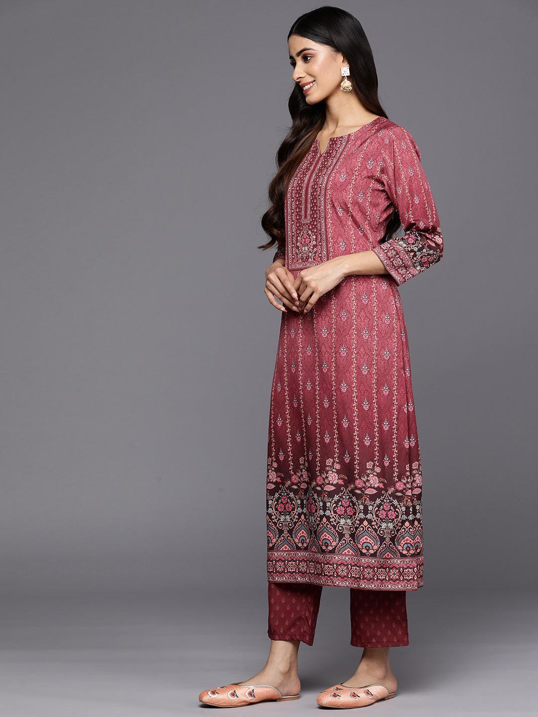 Maroon Printed Crepe Straight Suit Set With Trousers