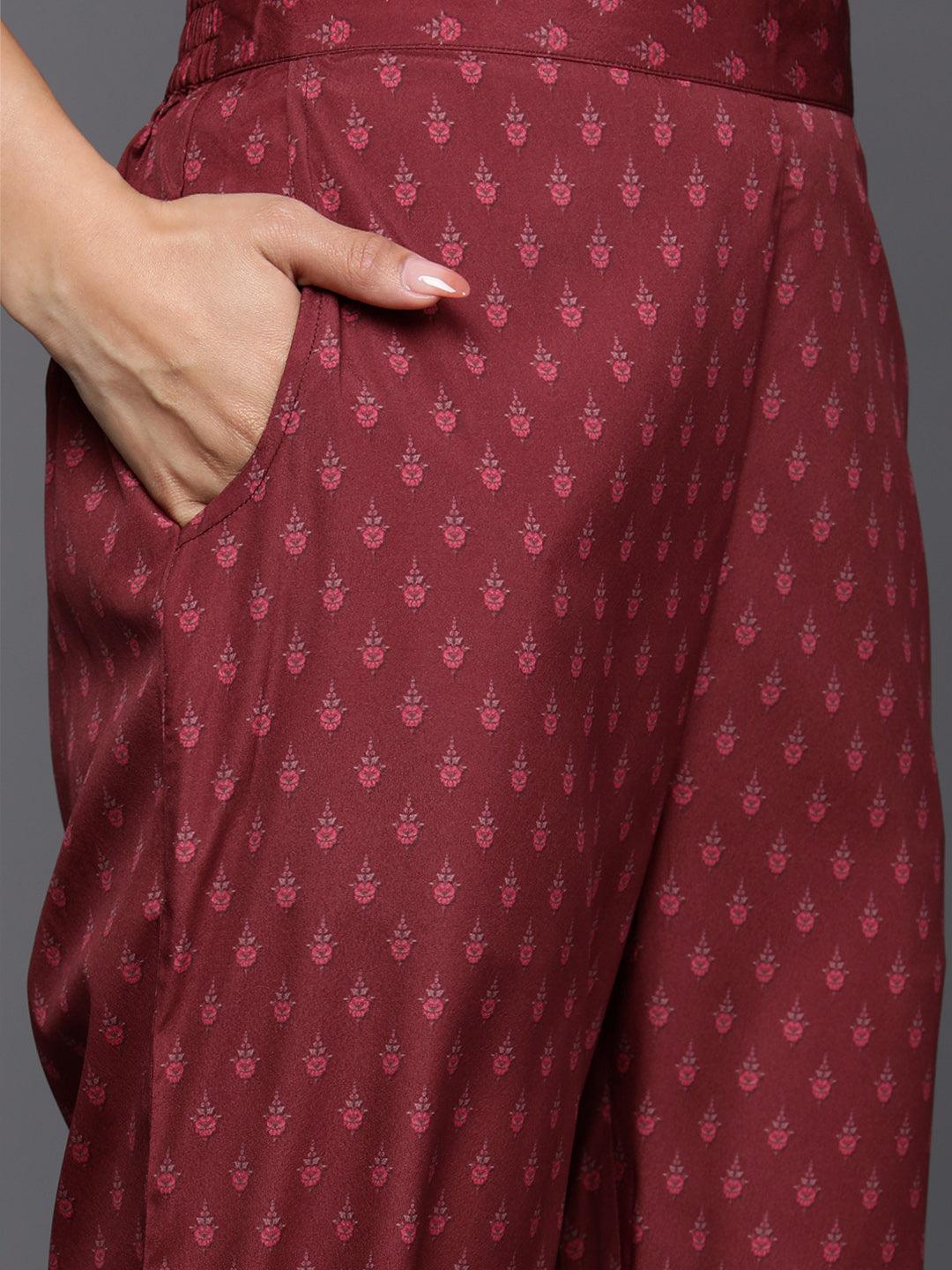 Maroon Printed Crepe Straight Suit Set With Trousers