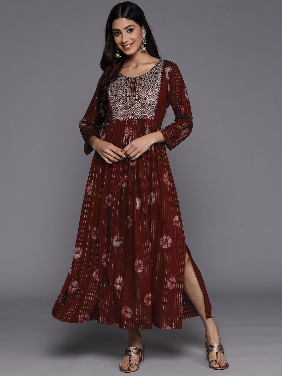 Maroon Printed Fit and Flare Rayon Dress