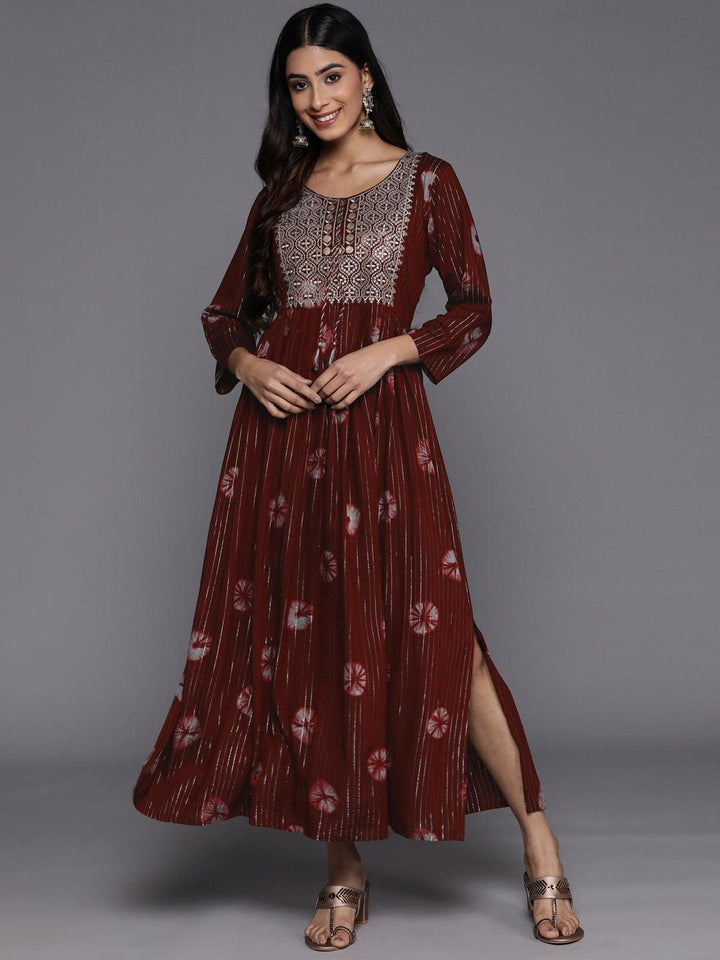 Maroon Printed Fit and Flare Rayon Dress - ShopLibas