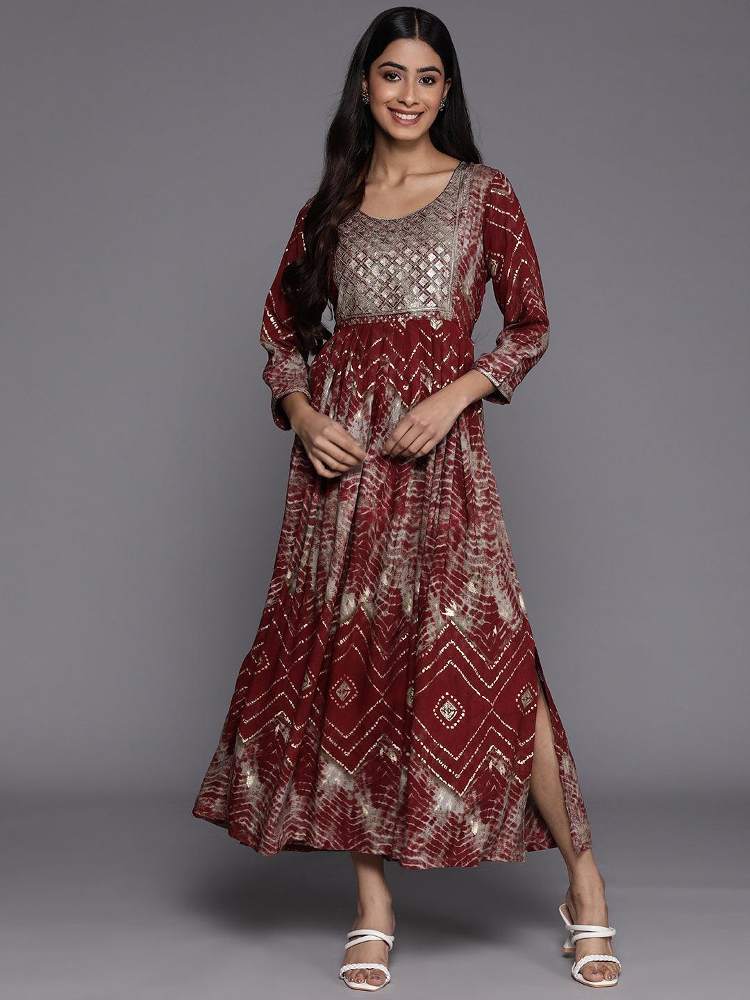 Maroon Printed Fit and Flare Rayon Dress