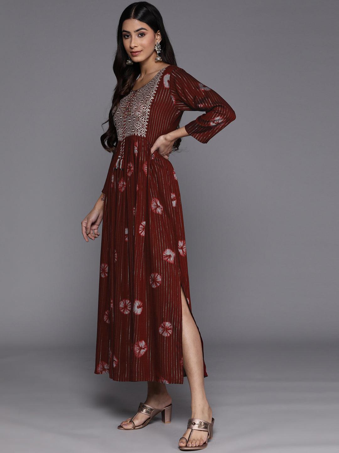 Maroon Printed Fit and Flare Rayon Dress