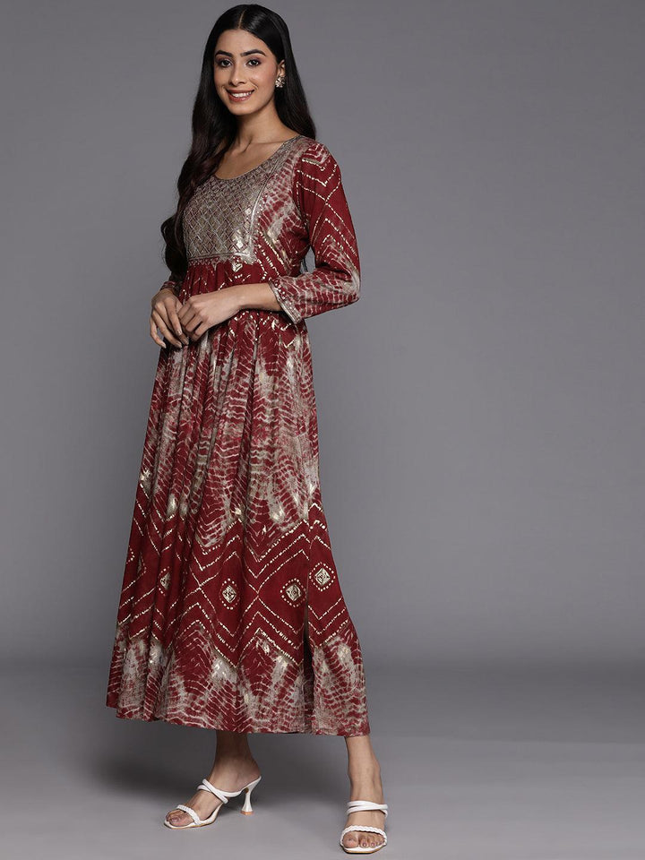 Maroon Printed Fit and Flare Rayon Dress - ShopLibas