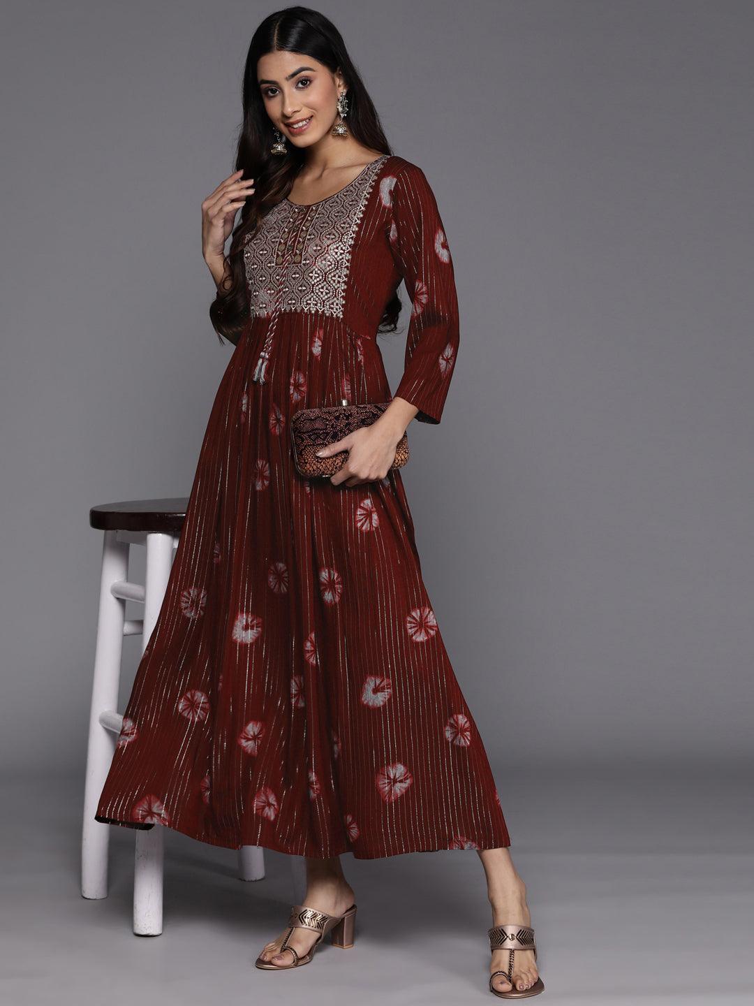 Maroon Printed Fit and Flare Rayon Dress