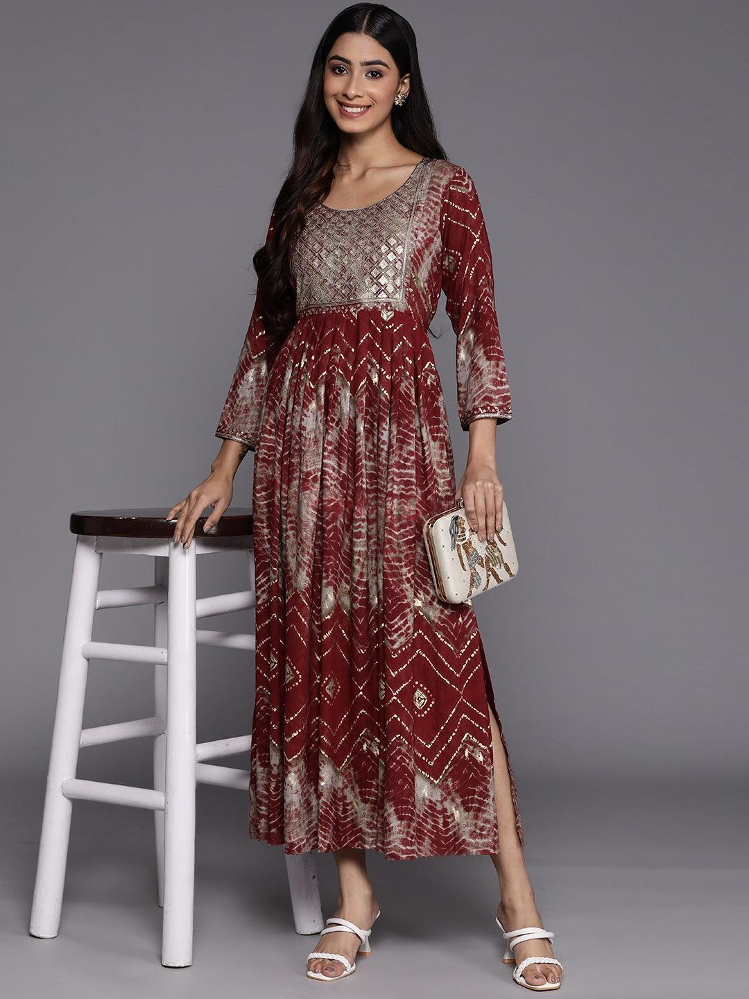 Maroon Printed Fit and Flare Rayon Dress