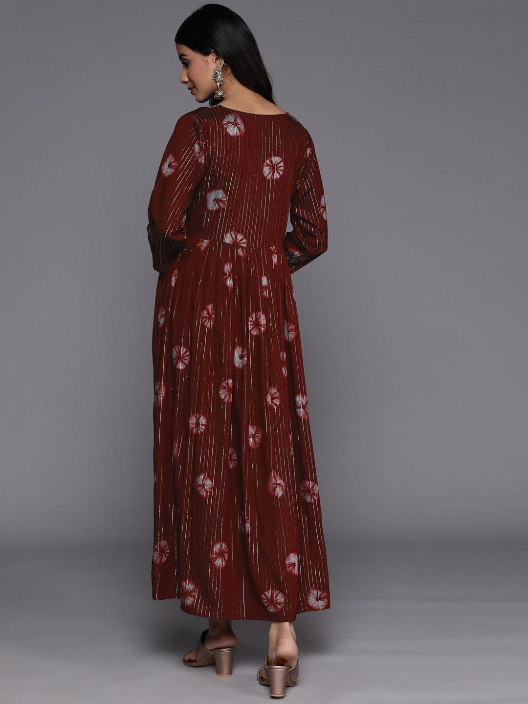 Maroon Printed Fit and Flare Rayon Dress