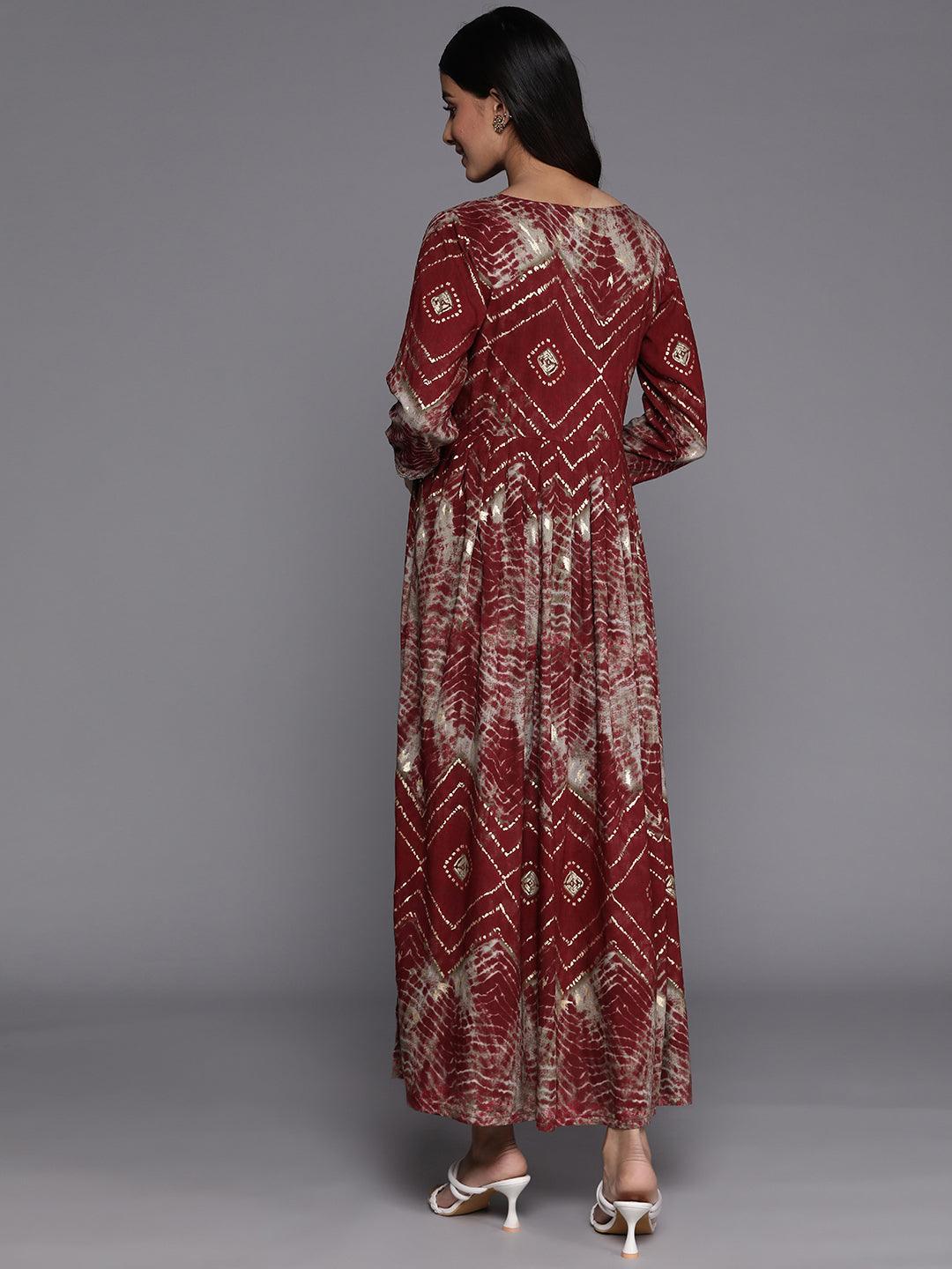 Maroon Printed Fit and Flare Rayon Dress