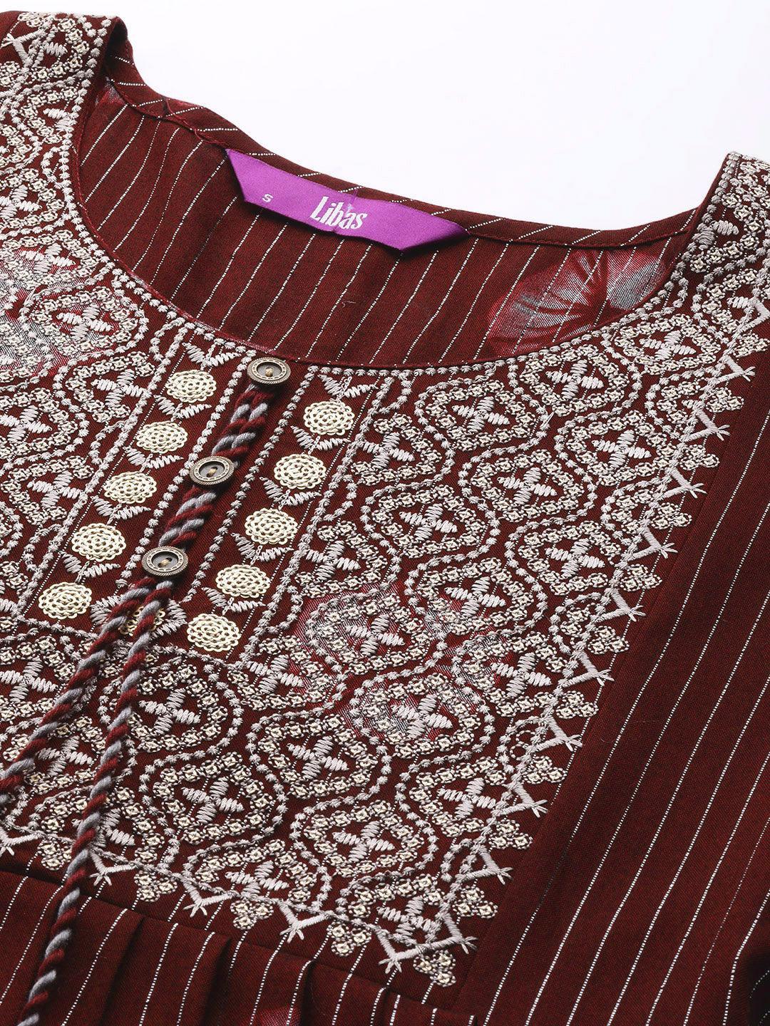 Maroon Printed Fit and Flare Rayon Dress