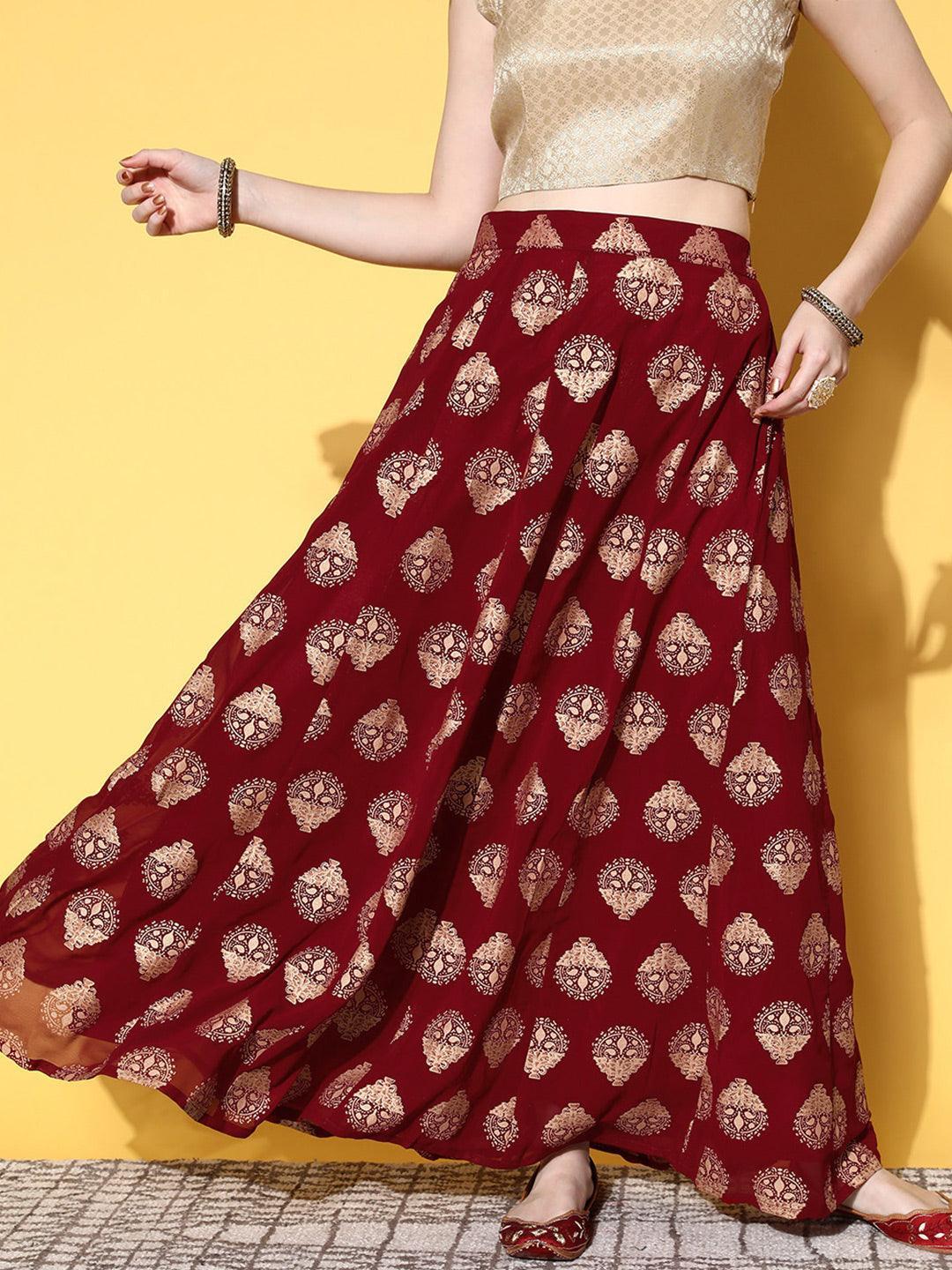 Maroon Printed Georgette Skirt