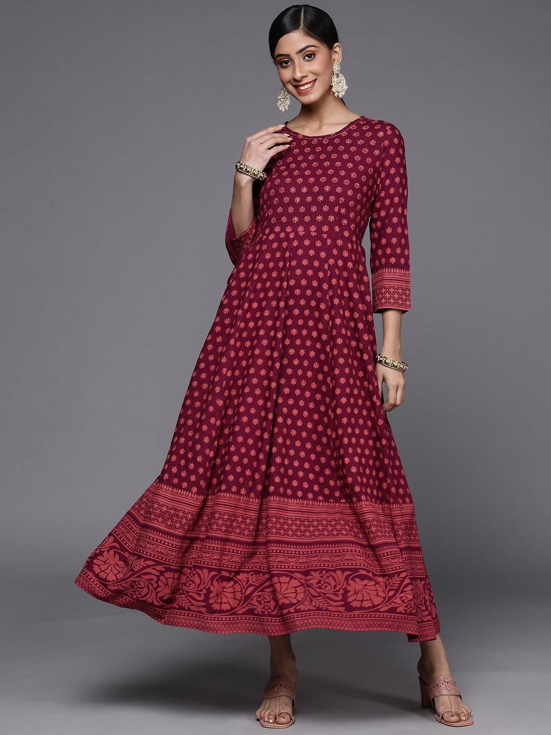 Maroon Printed Rayon A-Line Dress