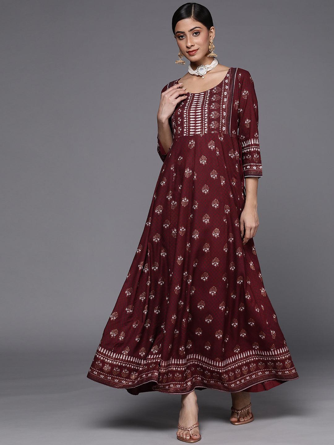 Maroon Printed Rayon A-Line Dress