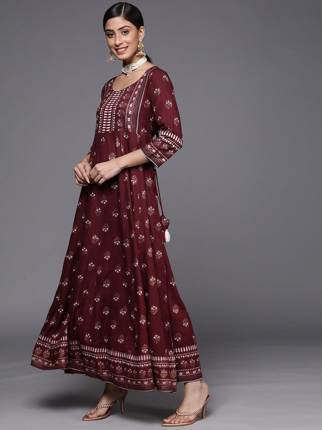 Maroon Printed Rayon A-Line Dress