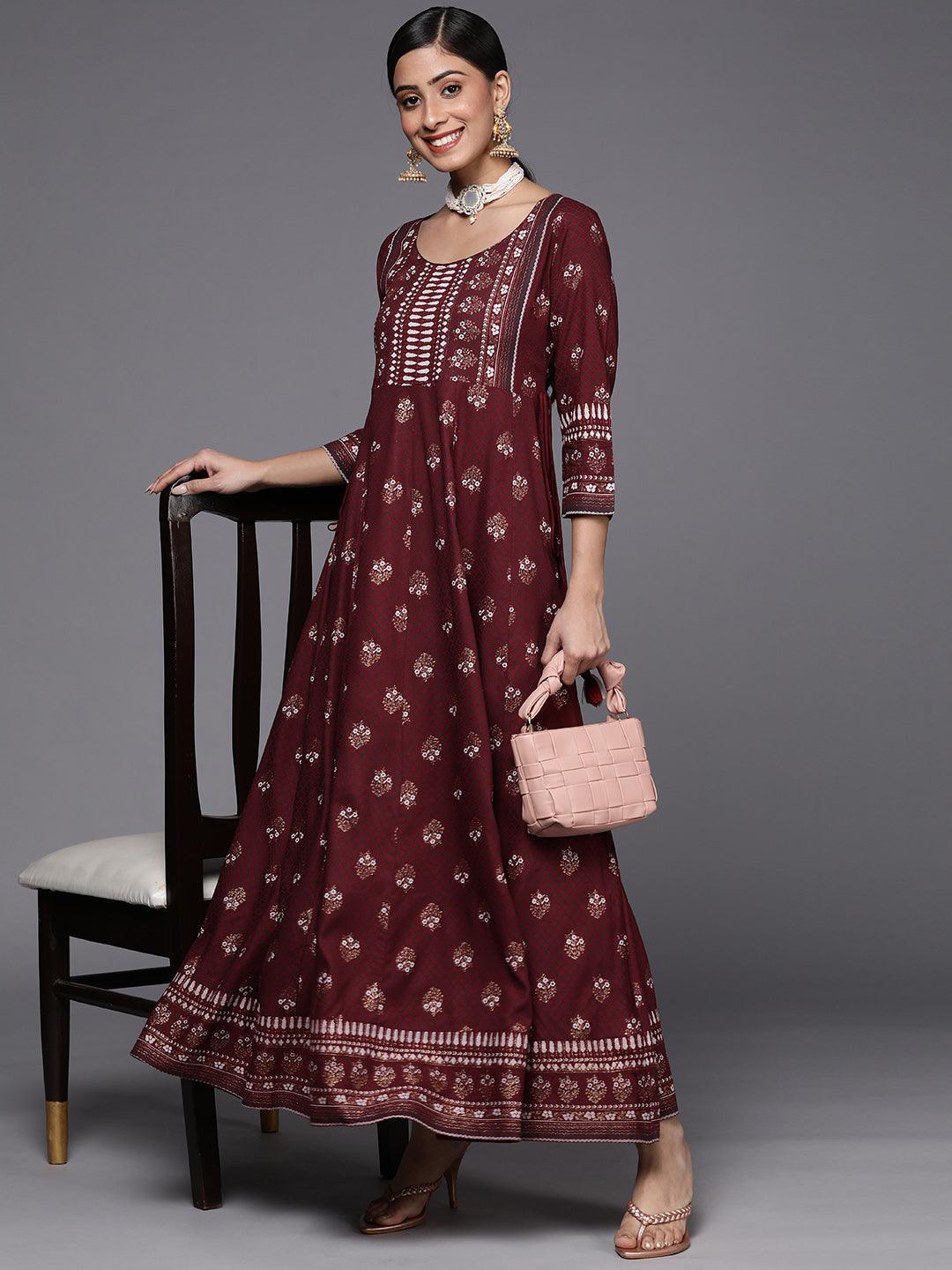 Maroon Printed Rayon A-Line Dress