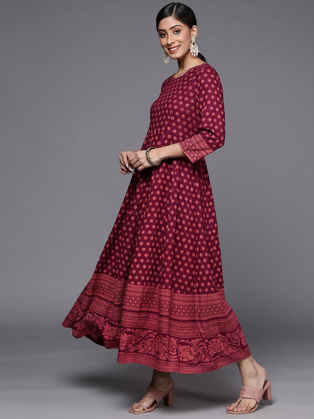 Maroon Printed Rayon A-Line Dress