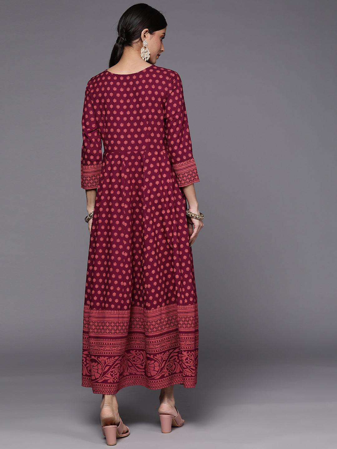 Maroon Printed Rayon A-Line Dress