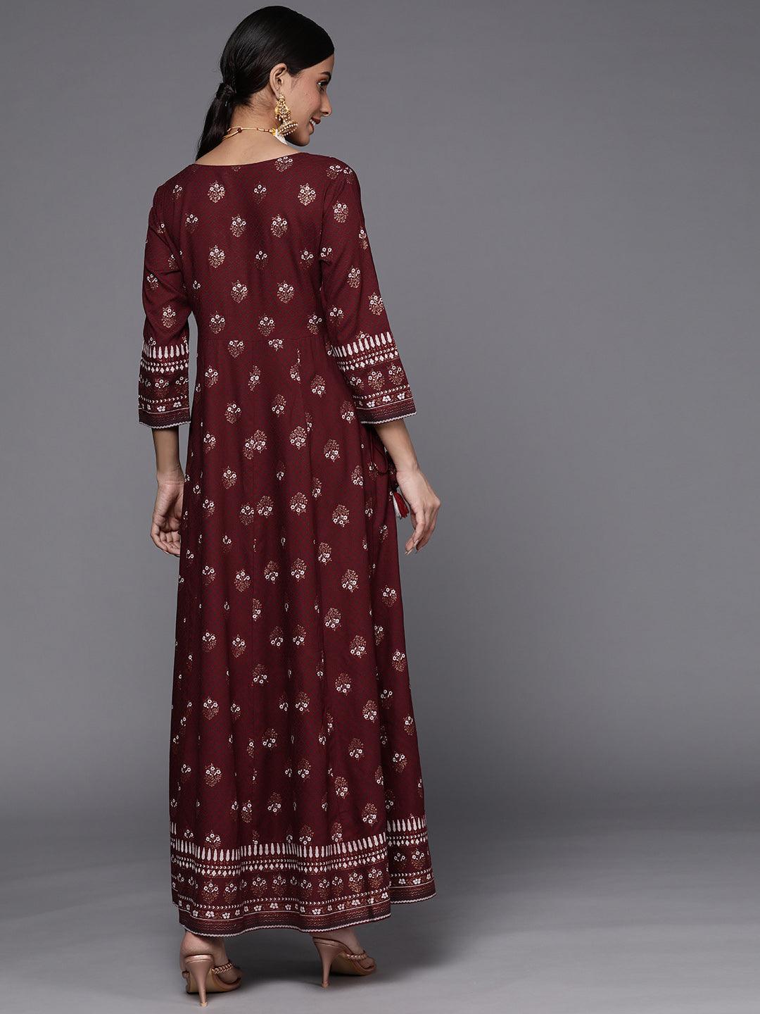 Maroon Printed Rayon A-Line Dress