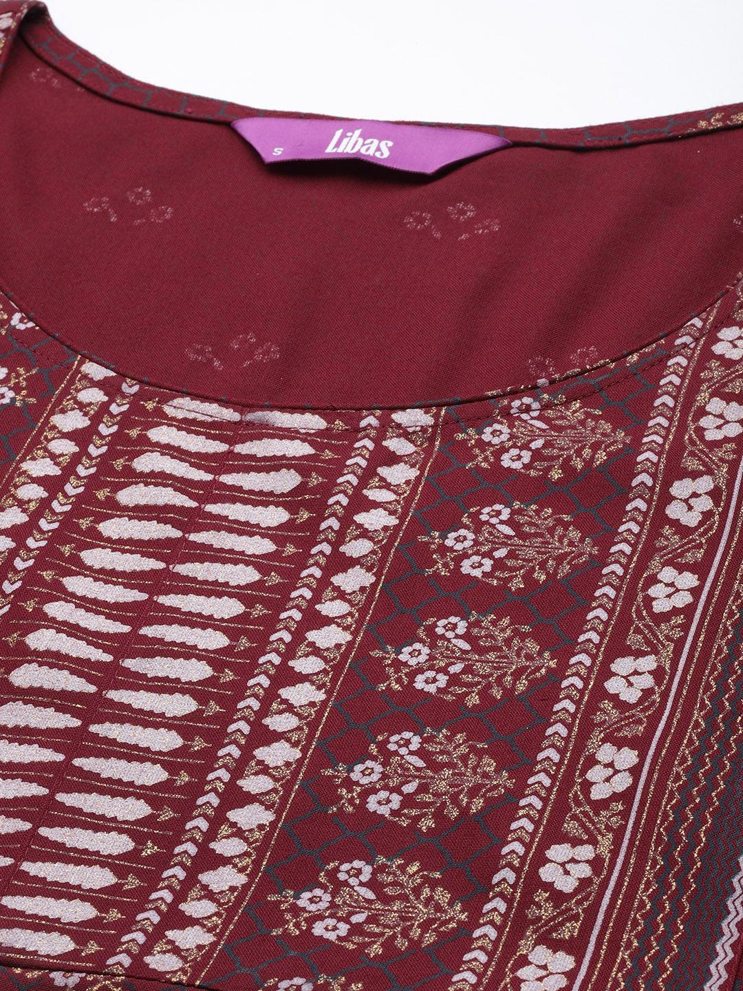 Maroon Printed Rayon A-Line Dress