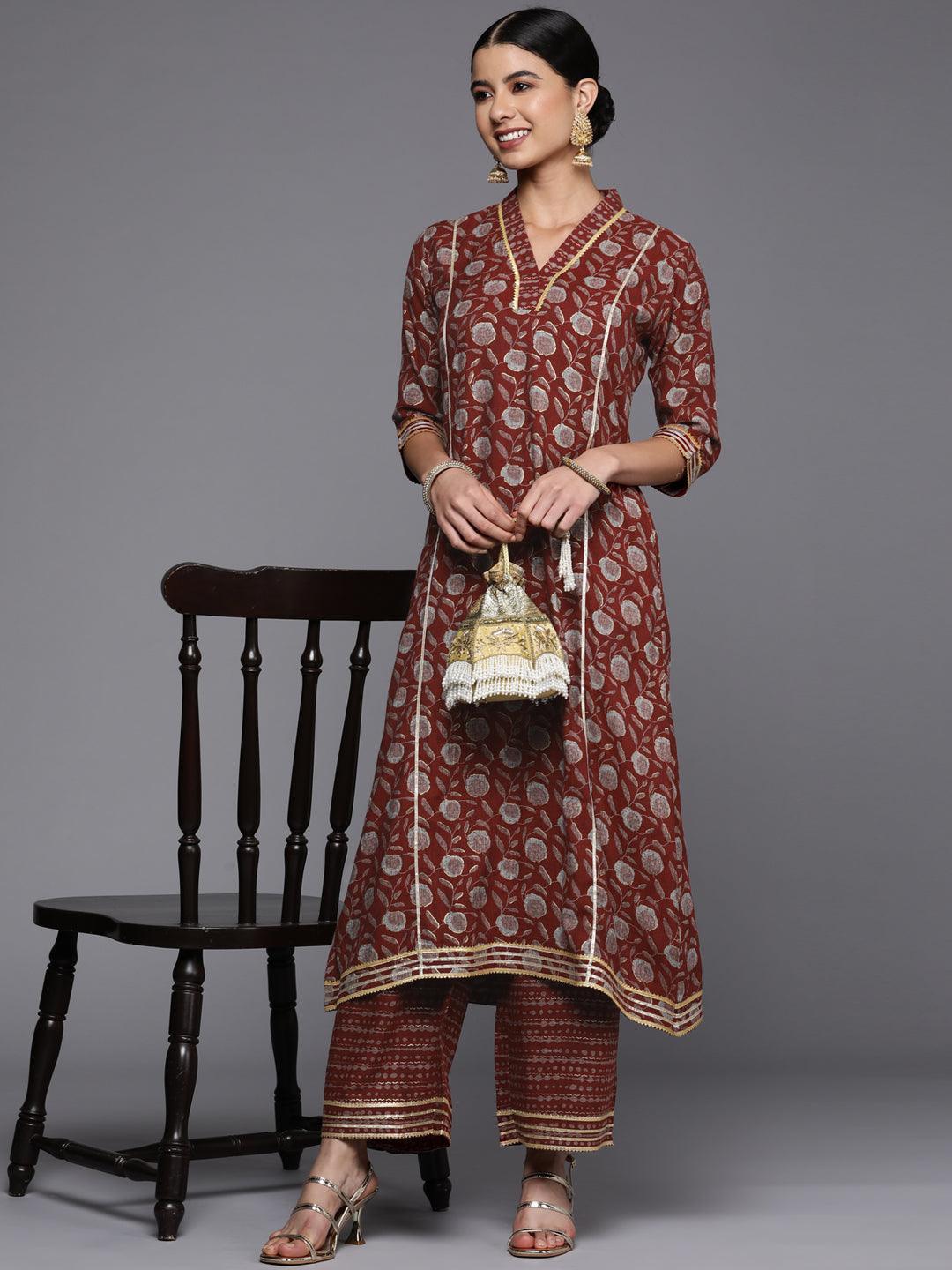 Maroon Printed Rayon A-Line Kurta