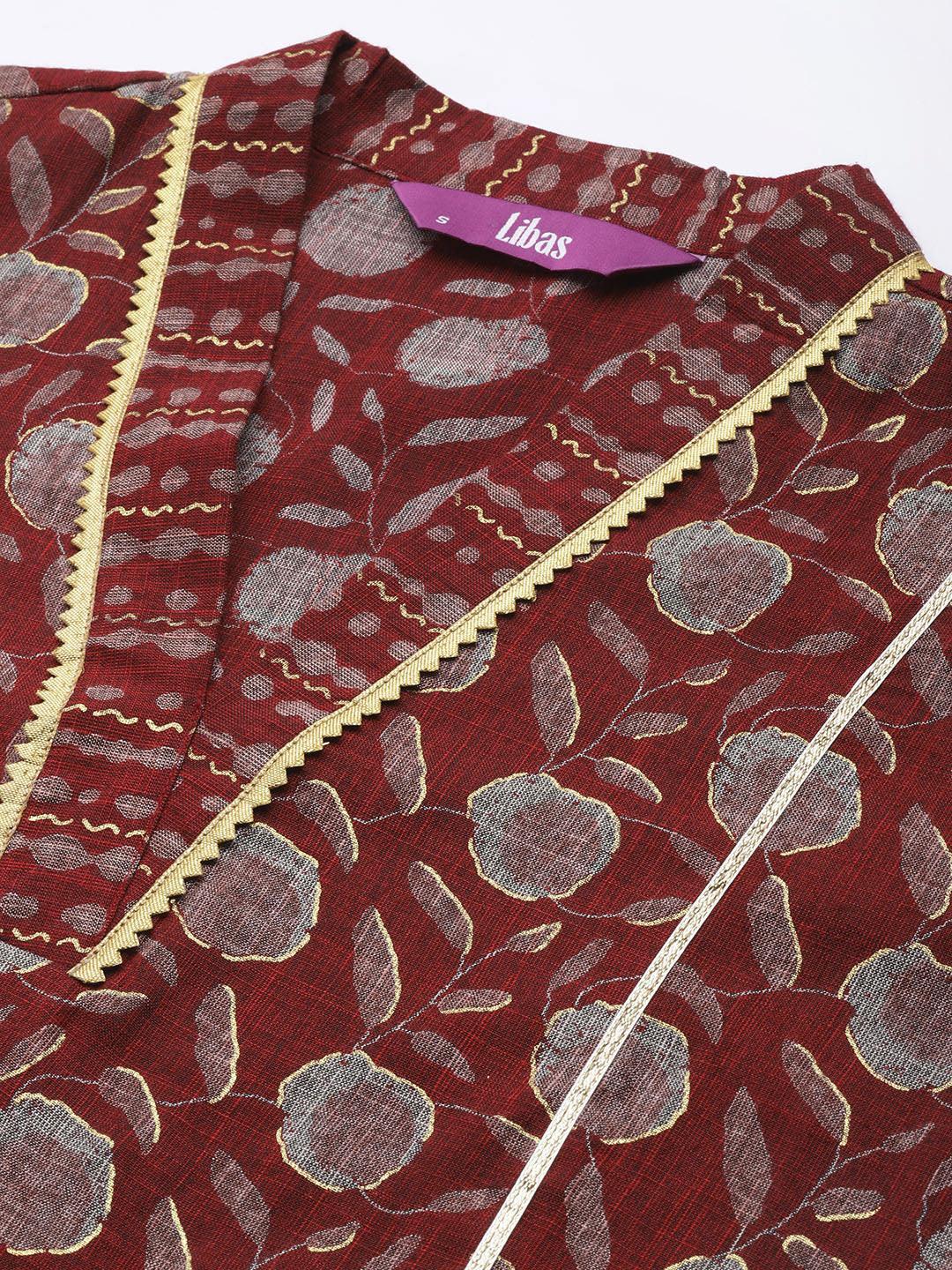 Maroon Printed Rayon A-Line Kurta