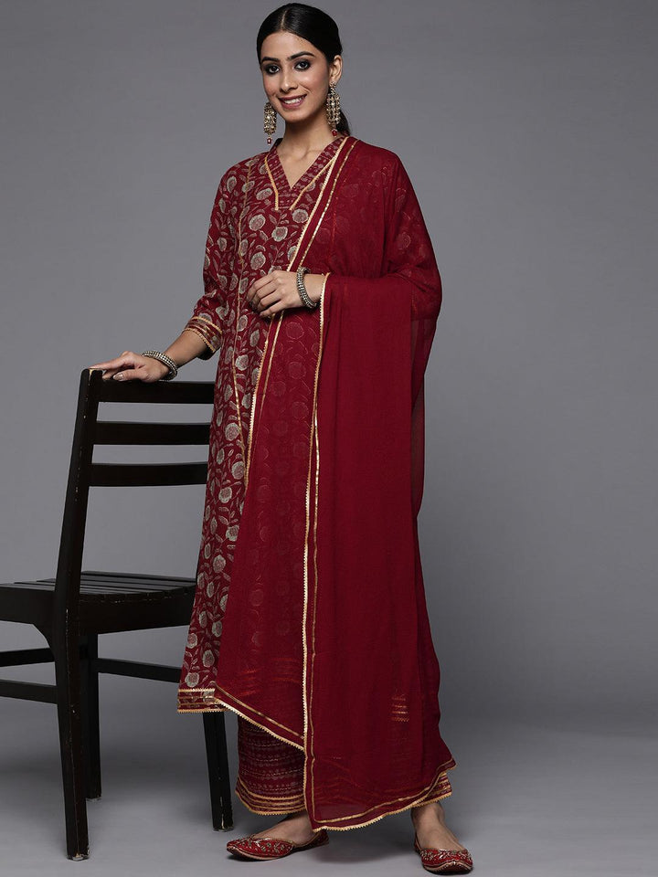 Maroon Printed Rayon A-Line Suit Set - ShopLibas