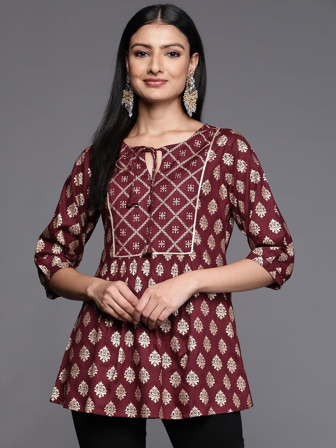 Maroon Printed Rayon A-Line Kurti